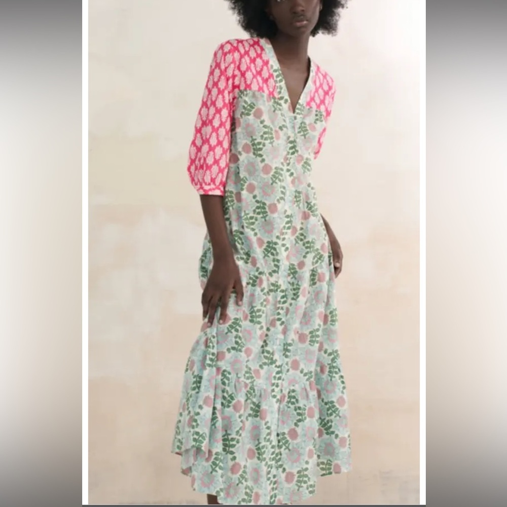 ZARA WOMAN'S ECRU FLORAL MIDI OVERSIZED DRESS COTTON SIZE S
